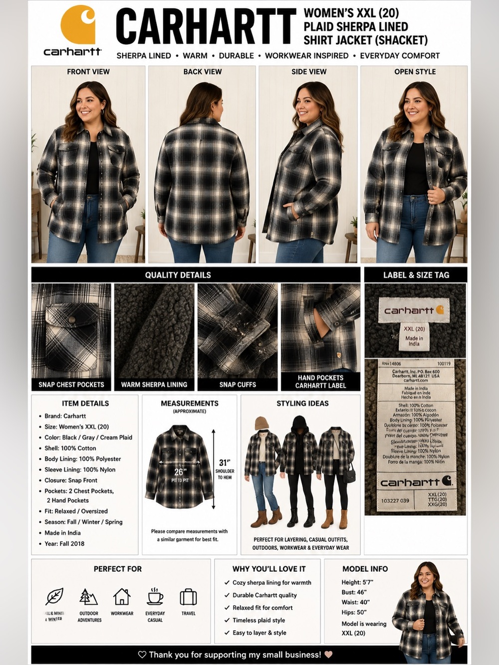 Carhartt Women’s XXL 20 Plaid Sherpa Lined Shirt Jacket Shacket Black Gray